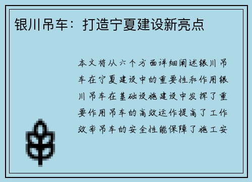 银川吊车：打造宁夏建设新亮点